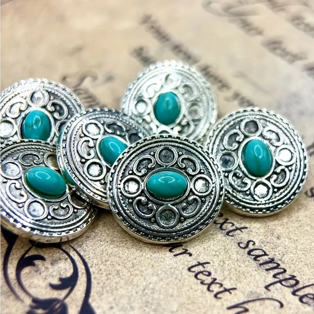 BUTTONS ~ 12 Western Silver and Turquoise Carved Buttons For Your DIY